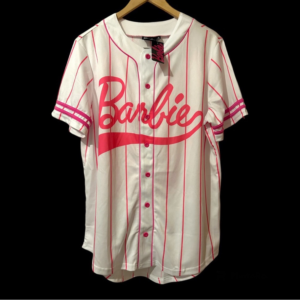 BARBIE Baseball Jersey Shirt Sz M Hot Pink/White top NEW - Picture 6 of 8